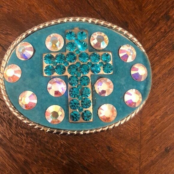 Aqua cross belt buckle never worn large rhinestone - Picture 1 of 2